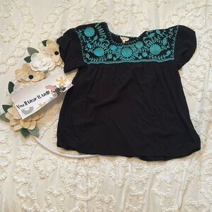 Black and Teal Embroidered Top